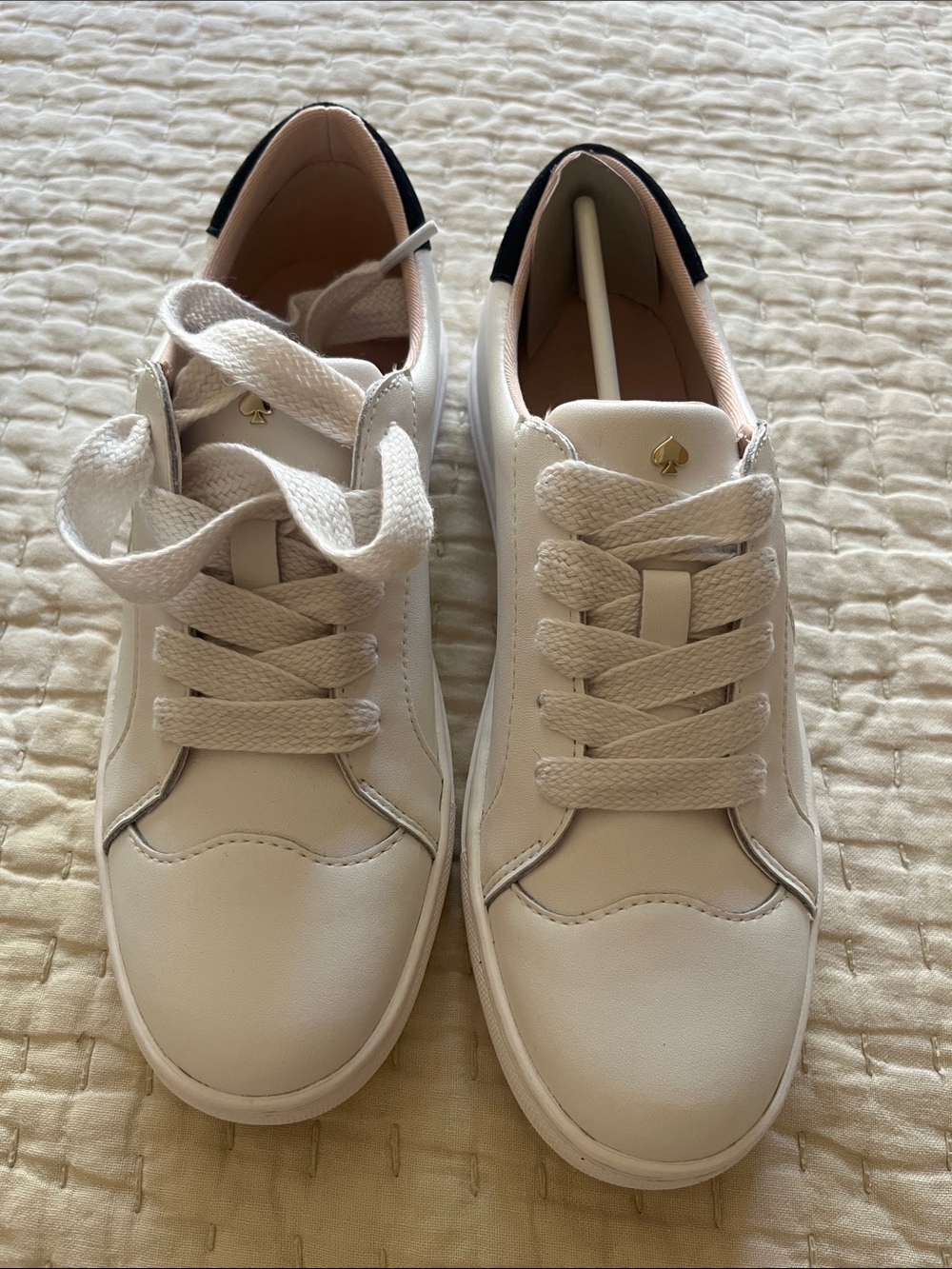 kate spade white leather sneakers with black heel detail